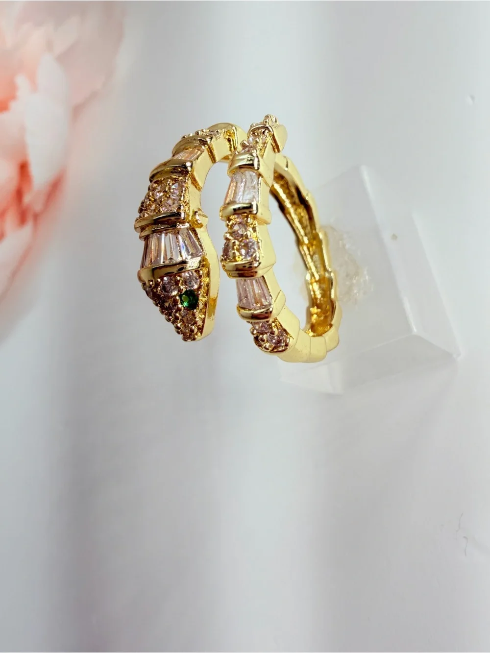 Gold Serpent-Style Ring with  Green Crystal Accents